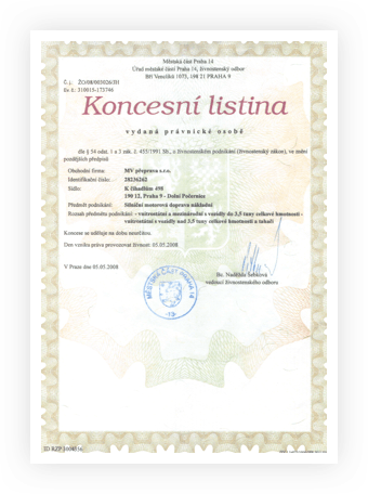 Certifikát MV Přeprava – koncesní listina